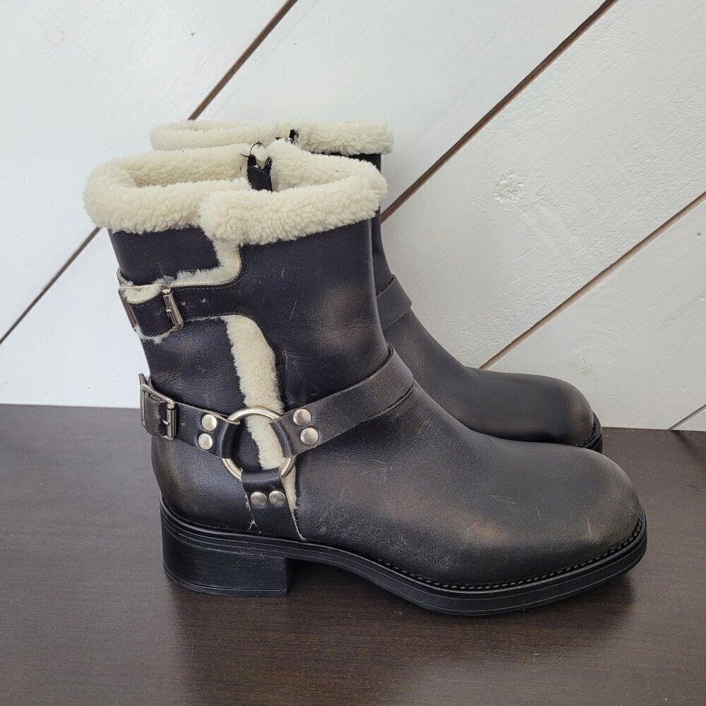 NWOB  Steve Madden Brixton-F Lined Black Distressed Leather Buckle Moto Boots 11